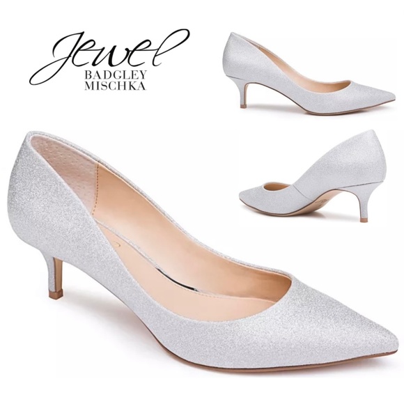 BADGLEY MISCHKA Royalty Silver Glitter Pointed Toe Kitten Heel Pumps Dress Shoes - Picture 1 of 6